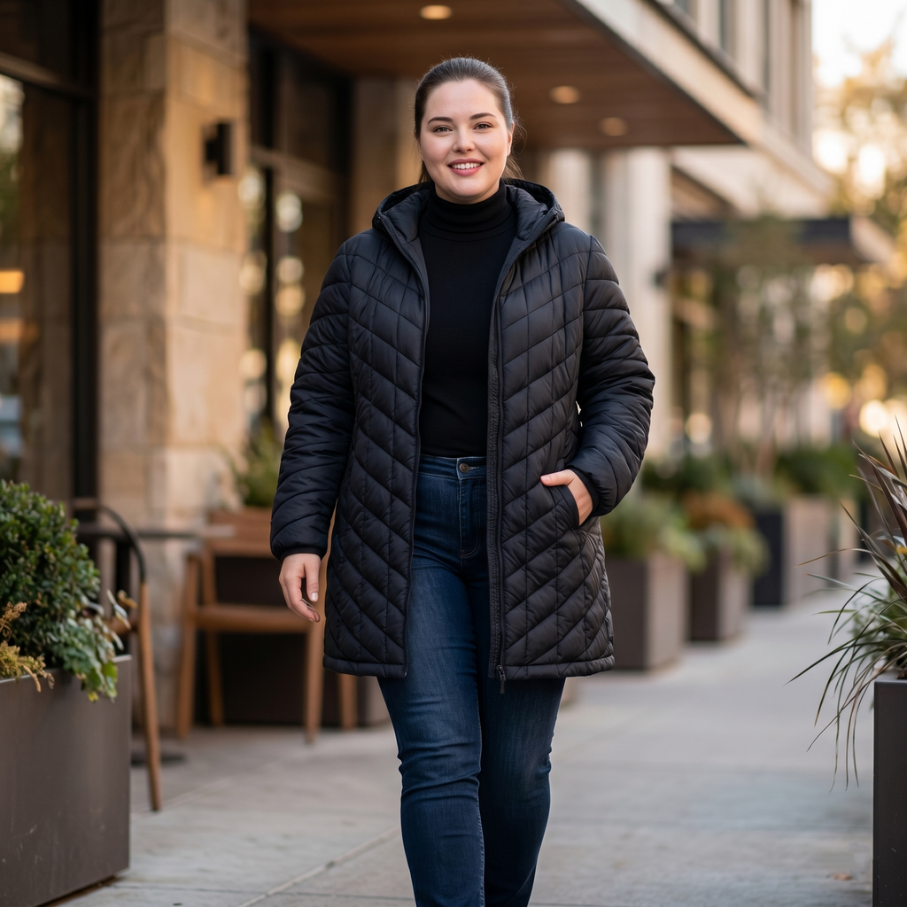 HHE plus size women's packable quilted coat in classic black, warm and comfortable functional everyday wear, worn outdoors on a city street.