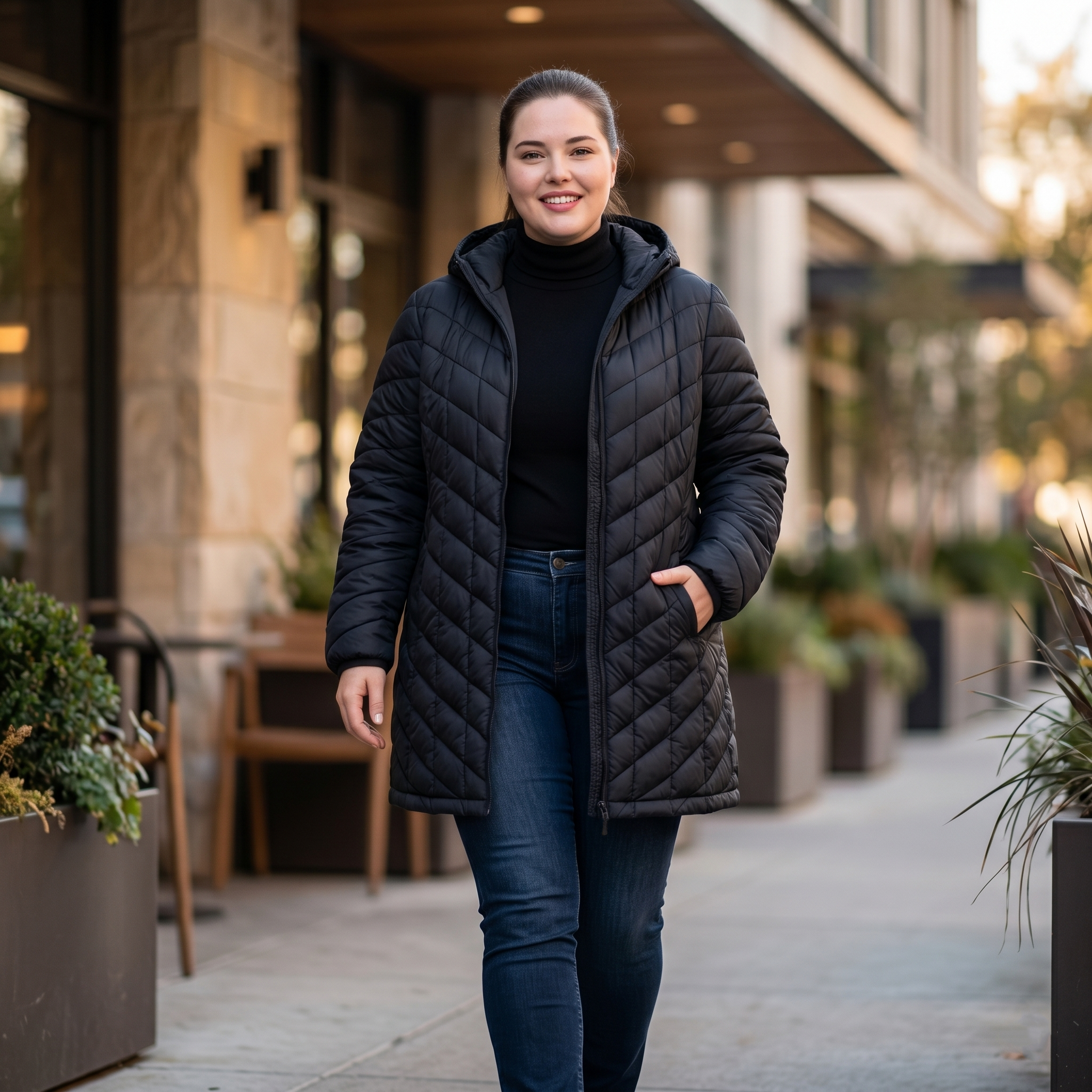HHE plus size women's packable quilted coat in classic black, warm and comfortable functional everyday wear, worn outdoors on a city street.