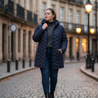 HHE plus size women's packable quilted coat in navy blue, warm and comfortable everyday outerwear, worn outdoors on a city street at evening.