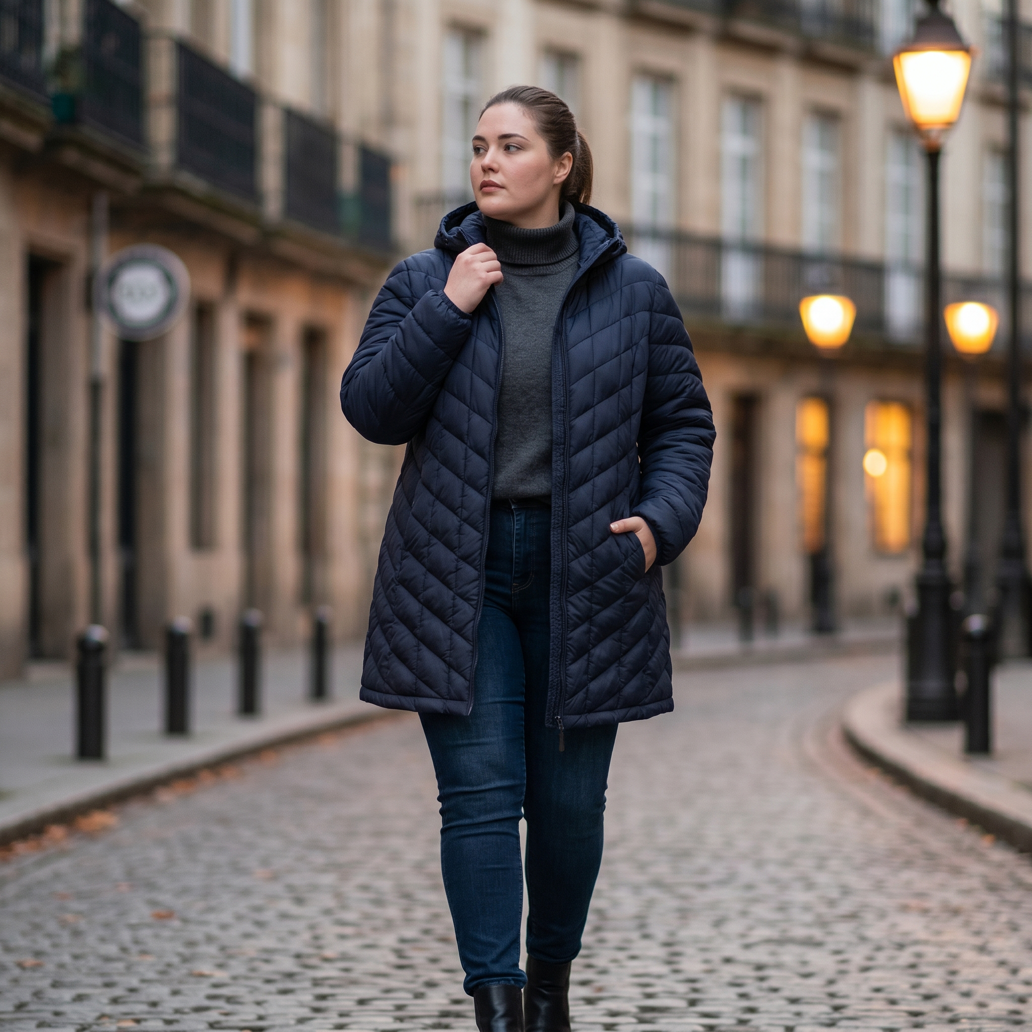 HHE plus size women's packable quilted coat in navy blue, warm and comfortable everyday outerwear, worn outdoors on a city street at evening.