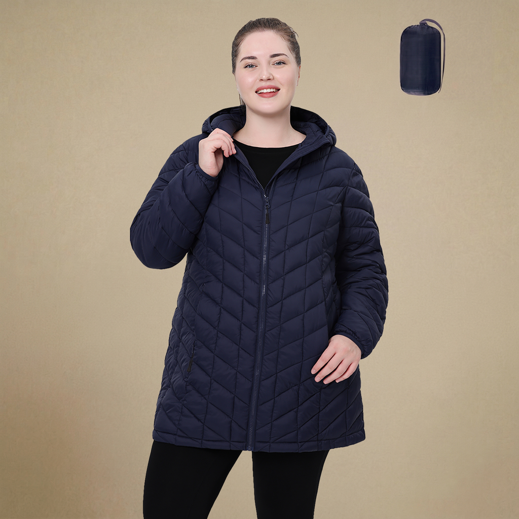HHE plus size women's packable quilted coat in navy blue, warm and comfortable functional outerwear, front view.