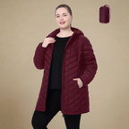 HHE plus size women's packable quilted coat in burgundy red, warm and comfortable functional outerwear, front view.