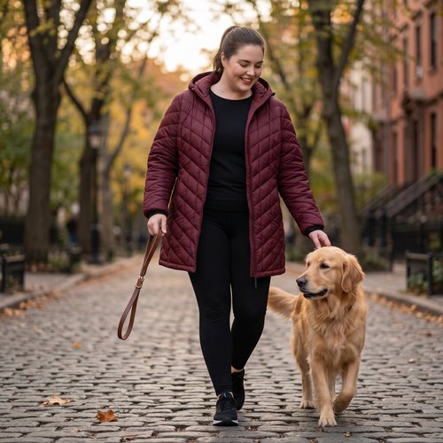 HHE plus size women's packable quilted coat in burgundy red, warm and comfortable functional everyday wear, worn outdoors walking a dog.