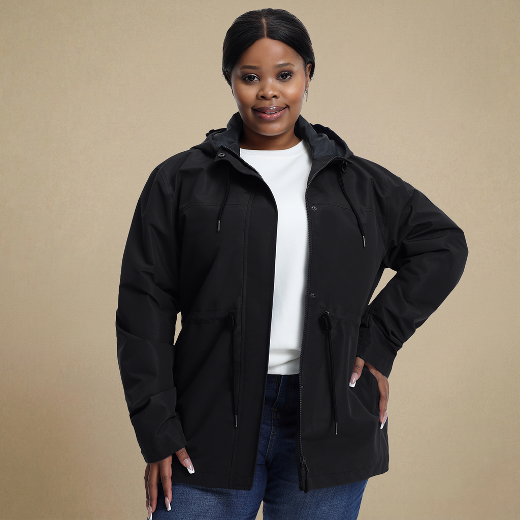 HHE plus size women's puffer jacket in classic black, warm and comfortable functional outerwear, front display.