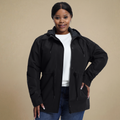 HHE plus size women's puffer jacket in classic black, warm and comfortable functional outerwear, front display.