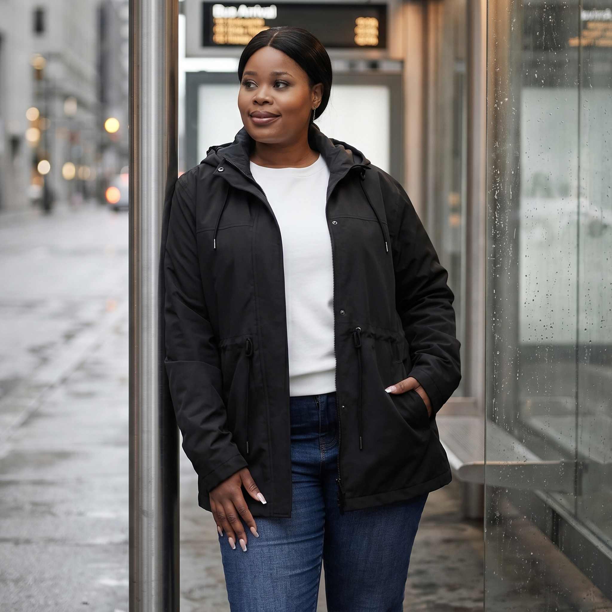 HHE plus size women's puffer jacket in classic black, practical and comfortable everyday wear, worn outdoors strolling by a stone building.