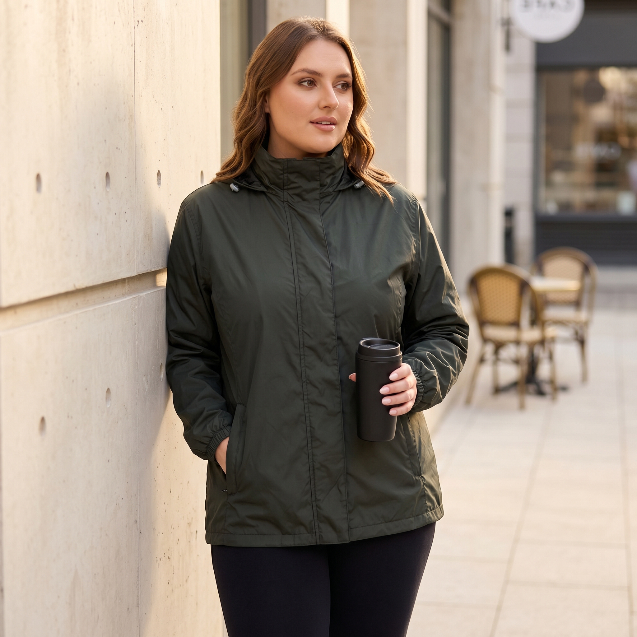 HHE plus size women's puffer jacket in olive green, practical and comfortable everyday wear, casual indoor lifestyle shot.