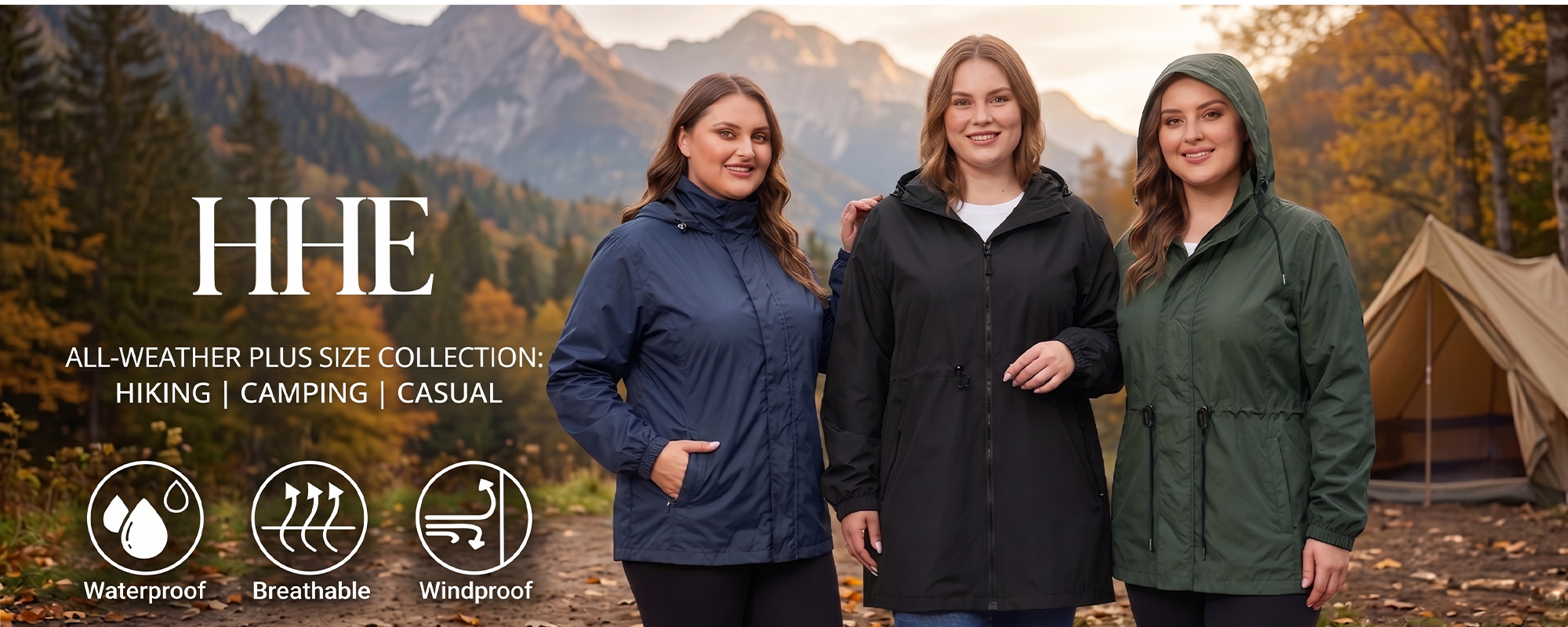 Three women wearing HHE plus size winter puffer jackets in various colors, warm and comfortable outerwear, standing outdoors in nature.