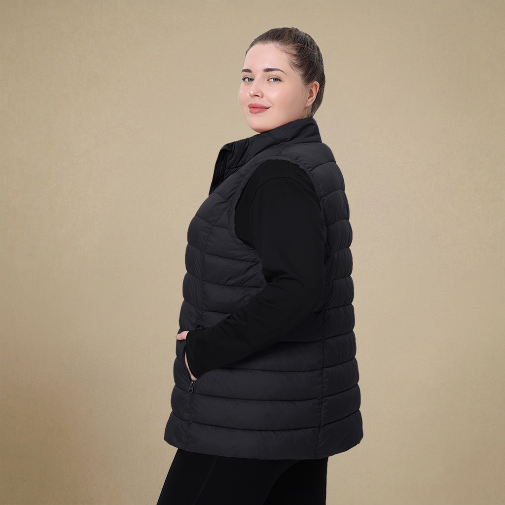 HHE plus size women's puffer vest in classic black, warm and comfortable sleeveless outerwear, front view.