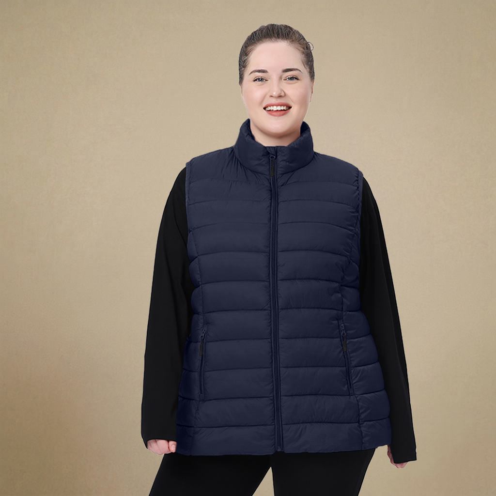 HHE plus size women's puffer vest in navy blue, warm and comfortable sleeveless outerwear, front view.