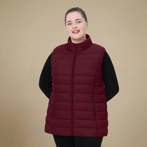 HHE plus size women's puffer vest in burgundy red, warm and comfortable sleeveless outerwear, front view.