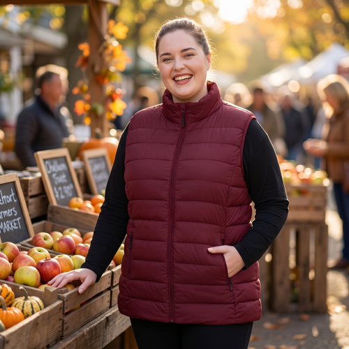 HHE plus size women's puffer vest in burgundy red, warm and comfortable sleeveless outerwear, worn outdoors at a market.