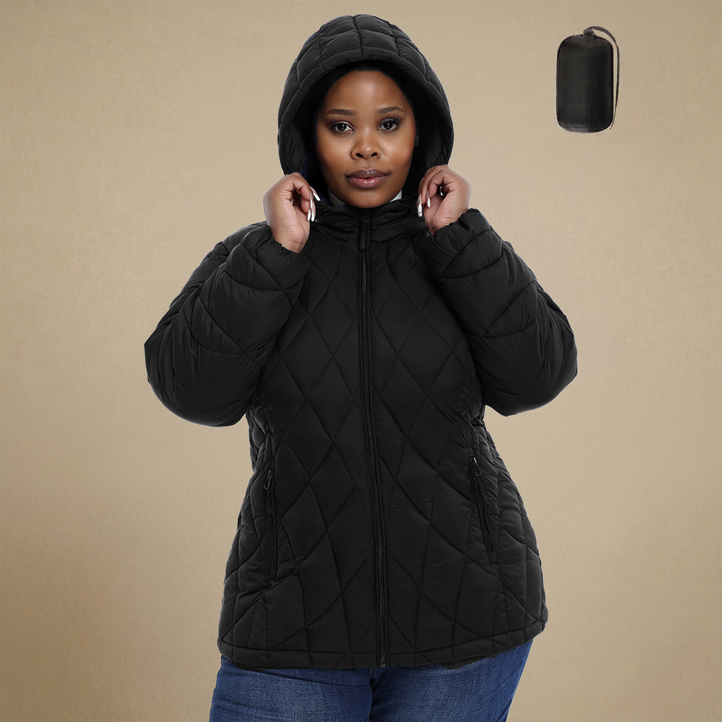 HHE plus size women's lightweight quilted jacket in classic black, warm and comfortable functional everyday outerwear, front view.