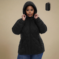 HHE plus size women's lightweight quilted jacket in classic black, warm and comfortable functional everyday outerwear, front view.