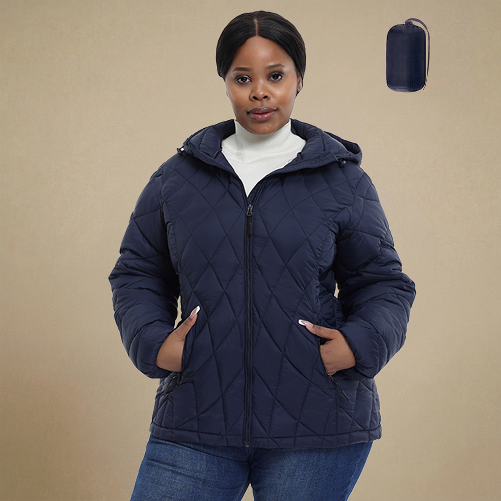 HHE plus size women's lightweight quilted jacket in navy blue, warm and comfortable functional everyday outerwear, front view.