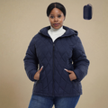 HHE plus size women's lightweight quilted jacket in navy blue, warm and comfortable functional everyday outerwear, front view.