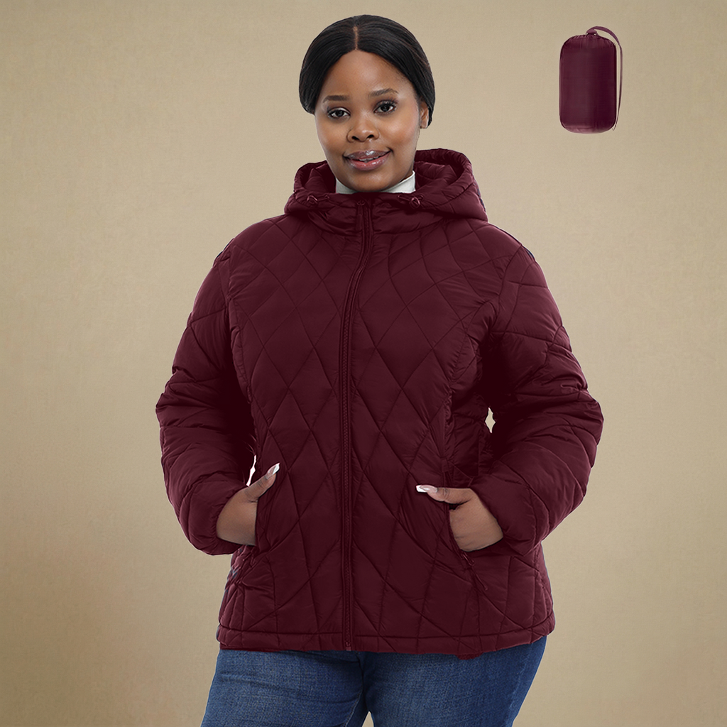 HHE plus size women's lightweight quilted jacket in burgundy red, warm and comfortable functional everyday outerwear, front view.