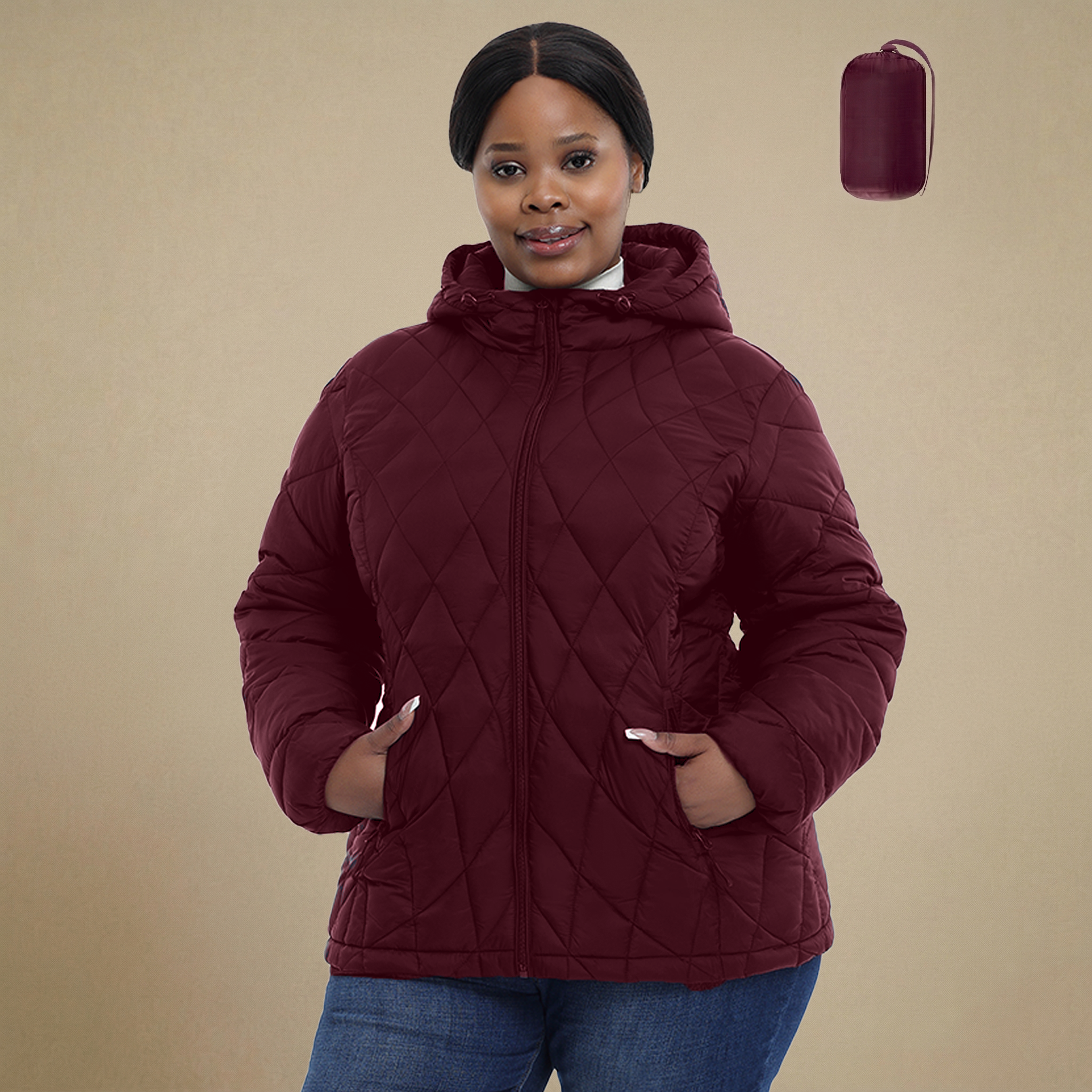 HHE plus size women's lightweight quilted jacket in burgundy red, warm and comfortable functional everyday outerwear, front view.