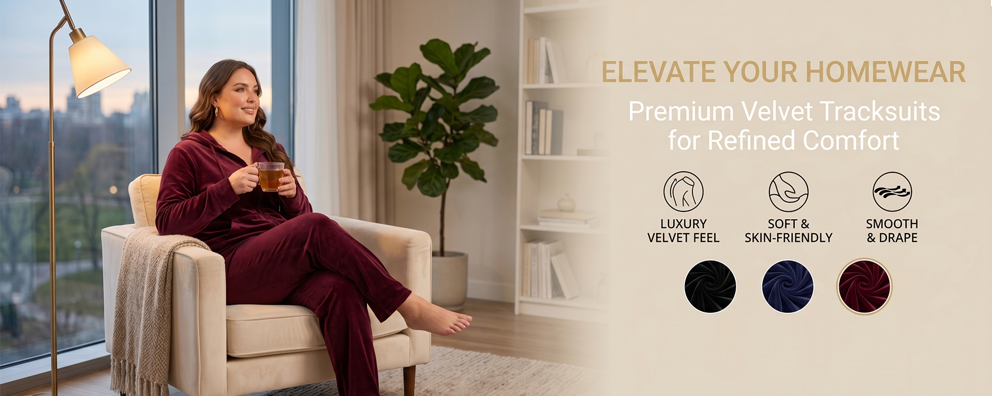 HHE plus size women's plush velour lounge set, warm and comfortable apparel, promotional banner displaying model relaxing indoors.