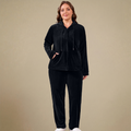 HHE plus size women's velour tracksuit in classic black, warm and comfortable loungewear, front view.