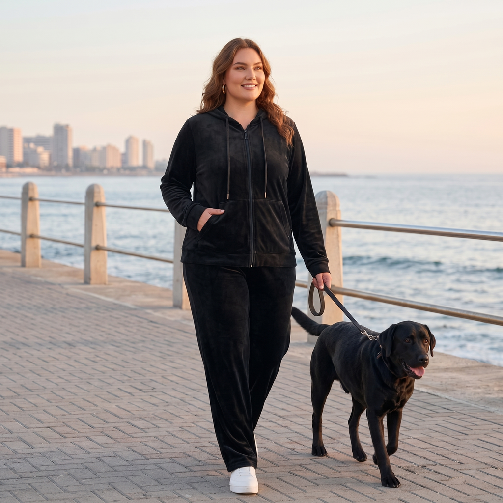 HHE plus size women's velour tracksuit in classic black, warm and comfortable loungewear, worn outdoors walking a dog by the water.