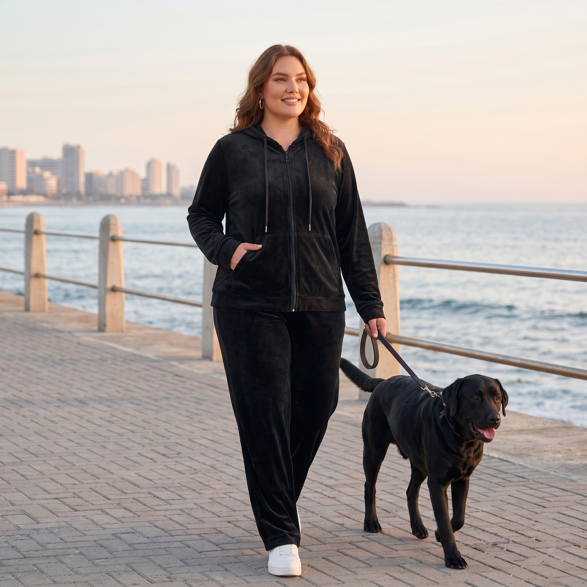 HHE plus size women's velour tracksuit in classic black, warm and comfortable loungewear, worn outdoors walking a dog by the water.