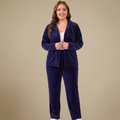 HHE plus size women's velour tracksuit in navy blue, warm and comfortable loungewear, front view.