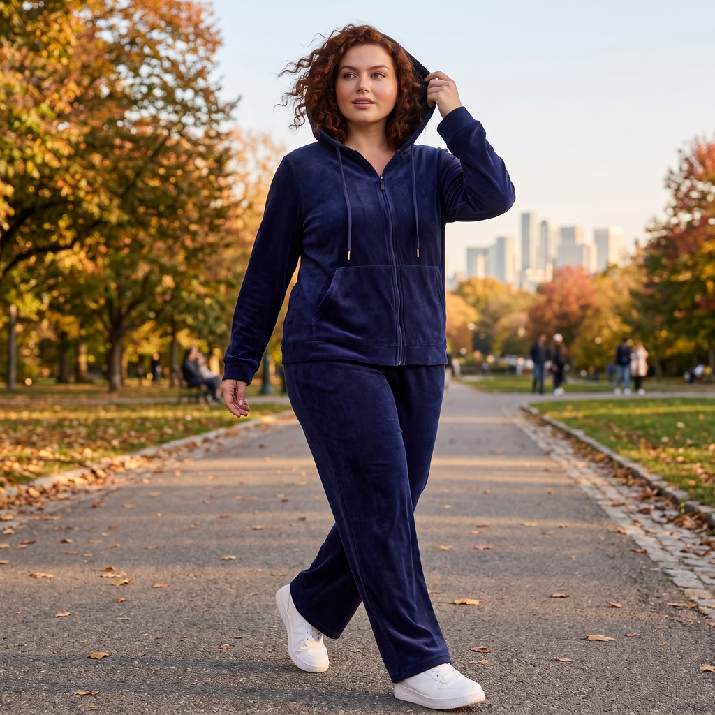 HHE plus size women's velour tracksuit in navy blue, warm and comfortable loungewear, worn outdoors walking in a park.