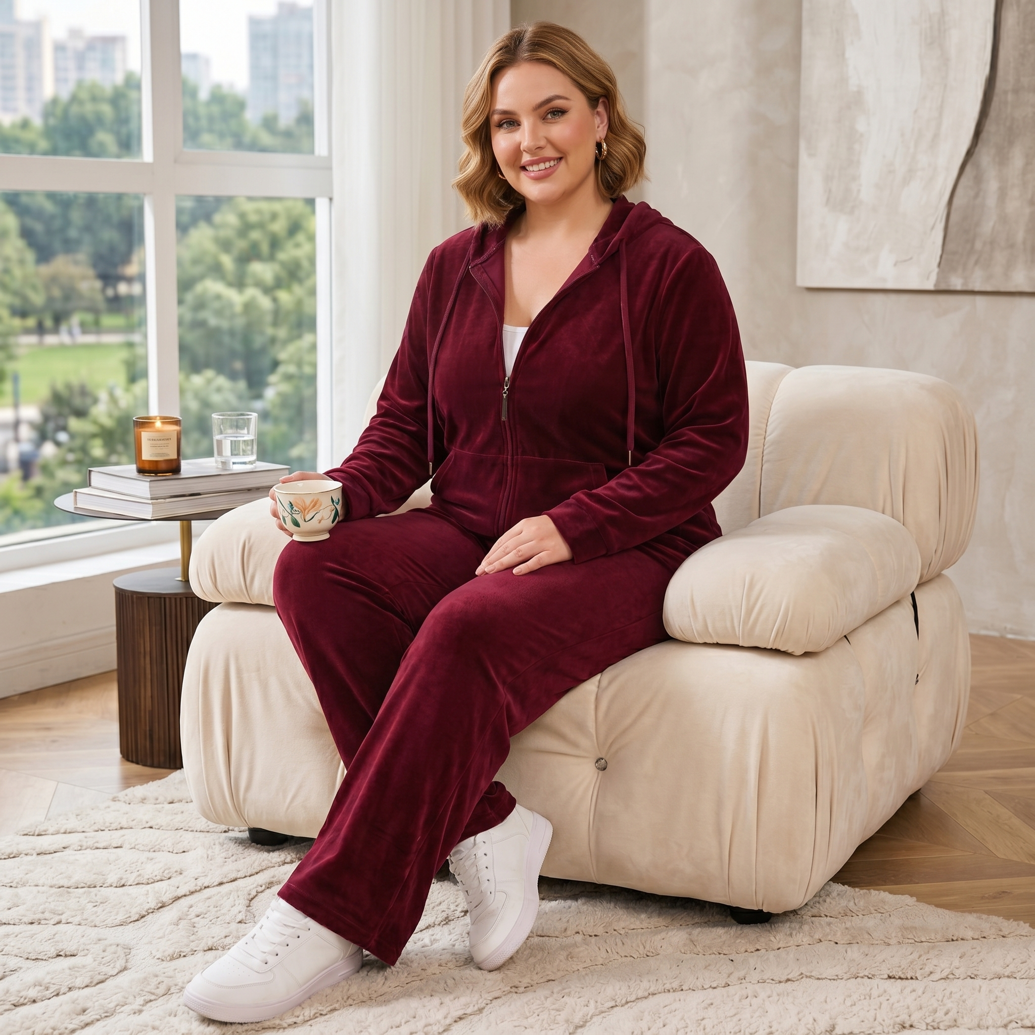 HHE plus size women's velour tracksuit in burgundy red, warm and comfortable loungewear, worn indoors relaxing on a cozy armchair.