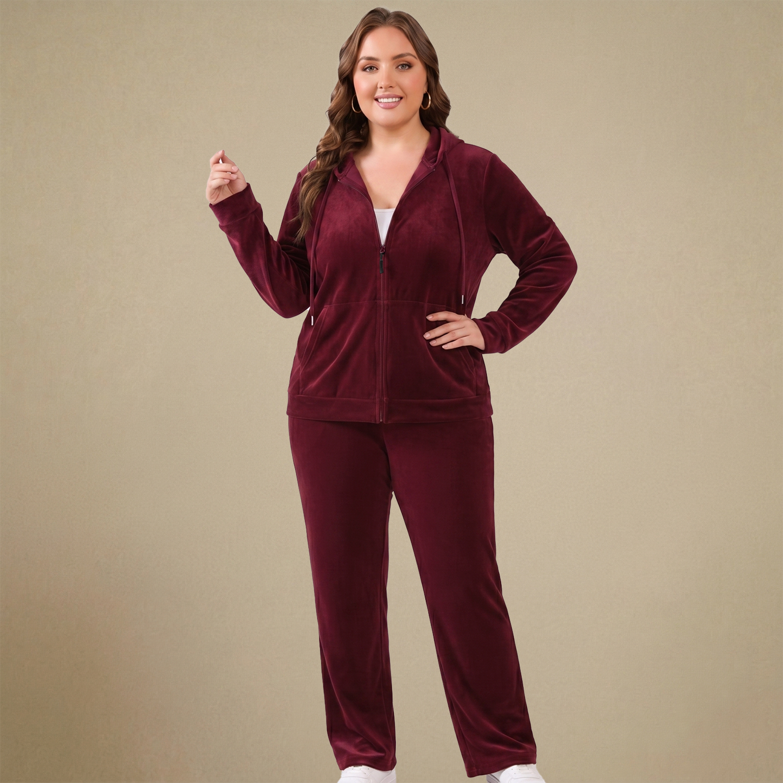 HHE plus size women's velour tracksuit in burgundy red, warm and comfortable loungewear, front view.