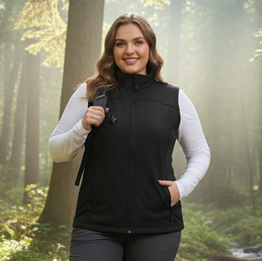 HHE plus size women's vest in classic black, warm and comfortable sleeveless outerwear, front view.