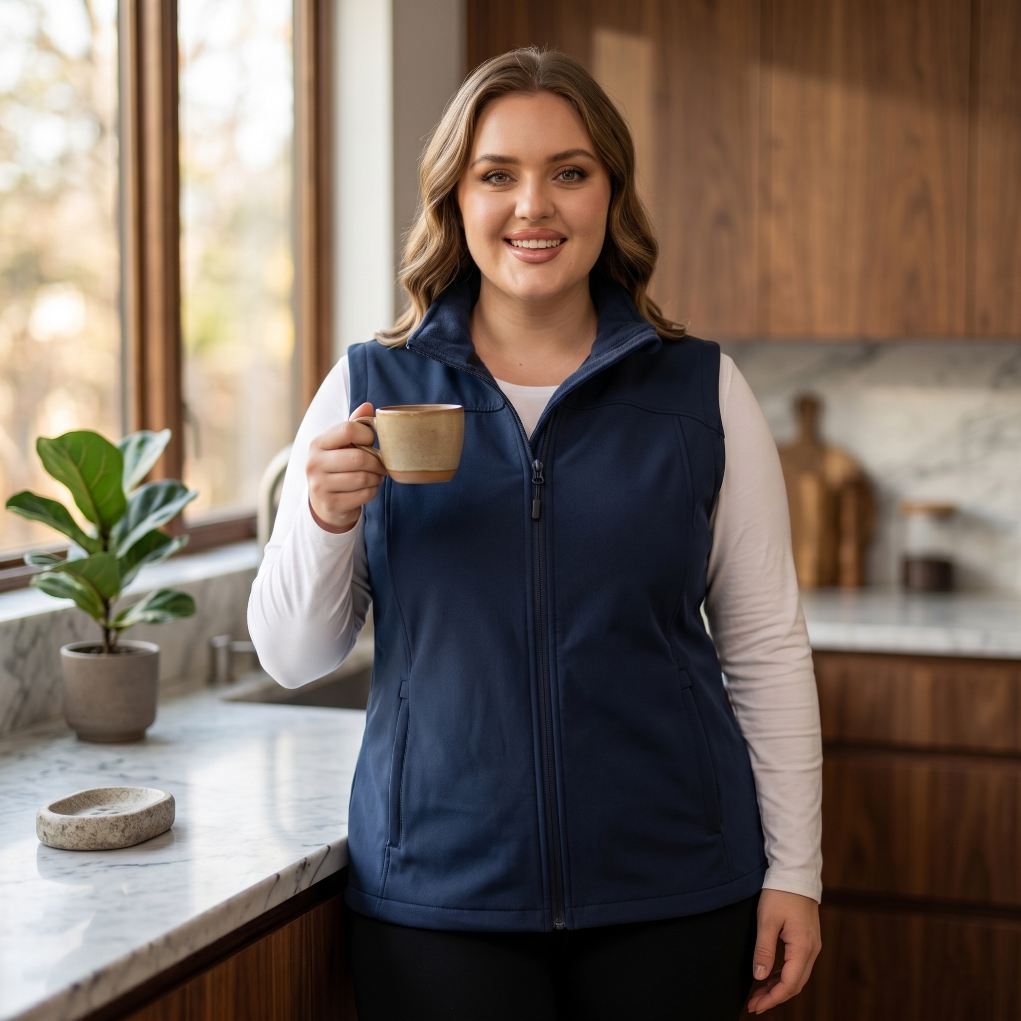 HHE plus size women's vest in navy blue, warm and comfortable sleeveless outerwear, worn indoors holding a mug.