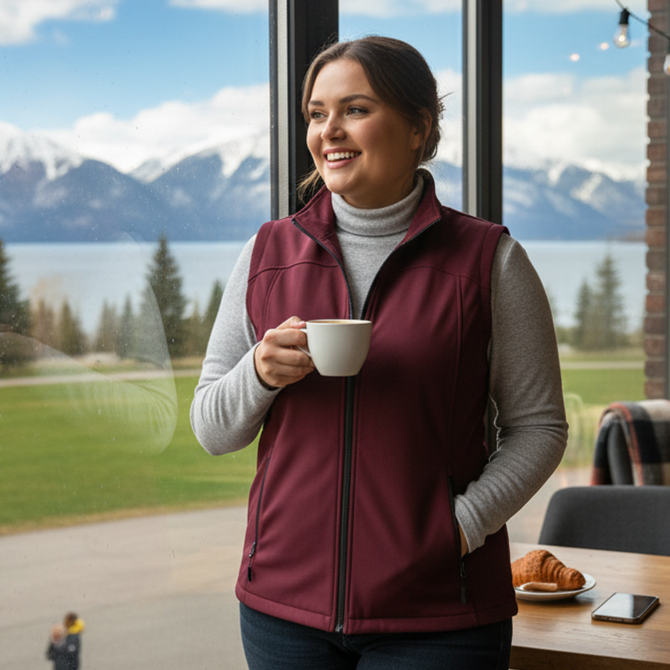 HHE plus size women's vest in burgundy red, warm and comfortable sleeveless outerwear, worn outdoors near a lake.