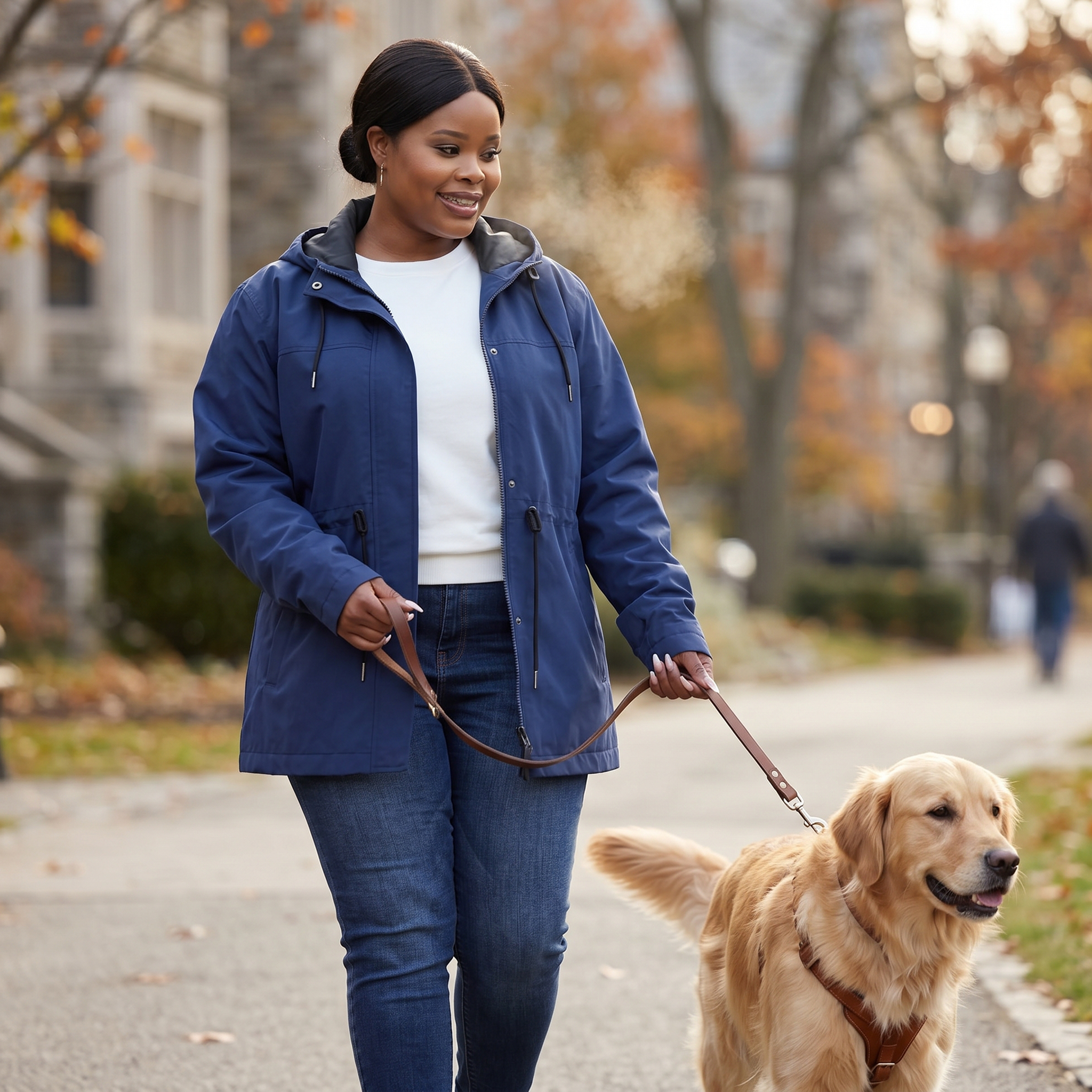HHE plus size women's windproof jacket in navy blue, practical and comfortable everyday wear, worn outdoors walking a dog.