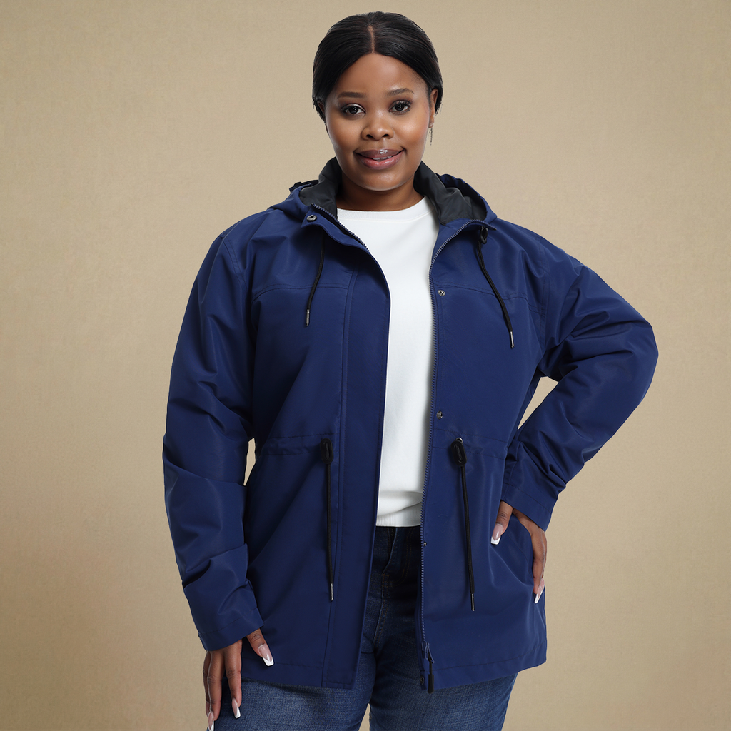 HHE plus size women's windproof jacket in navy blue, warm and comfortable functional outerwear, front display.