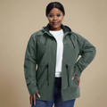 HHE plus size women's windproof jacket in olive green, warm and comfortable functional outerwear, front view.