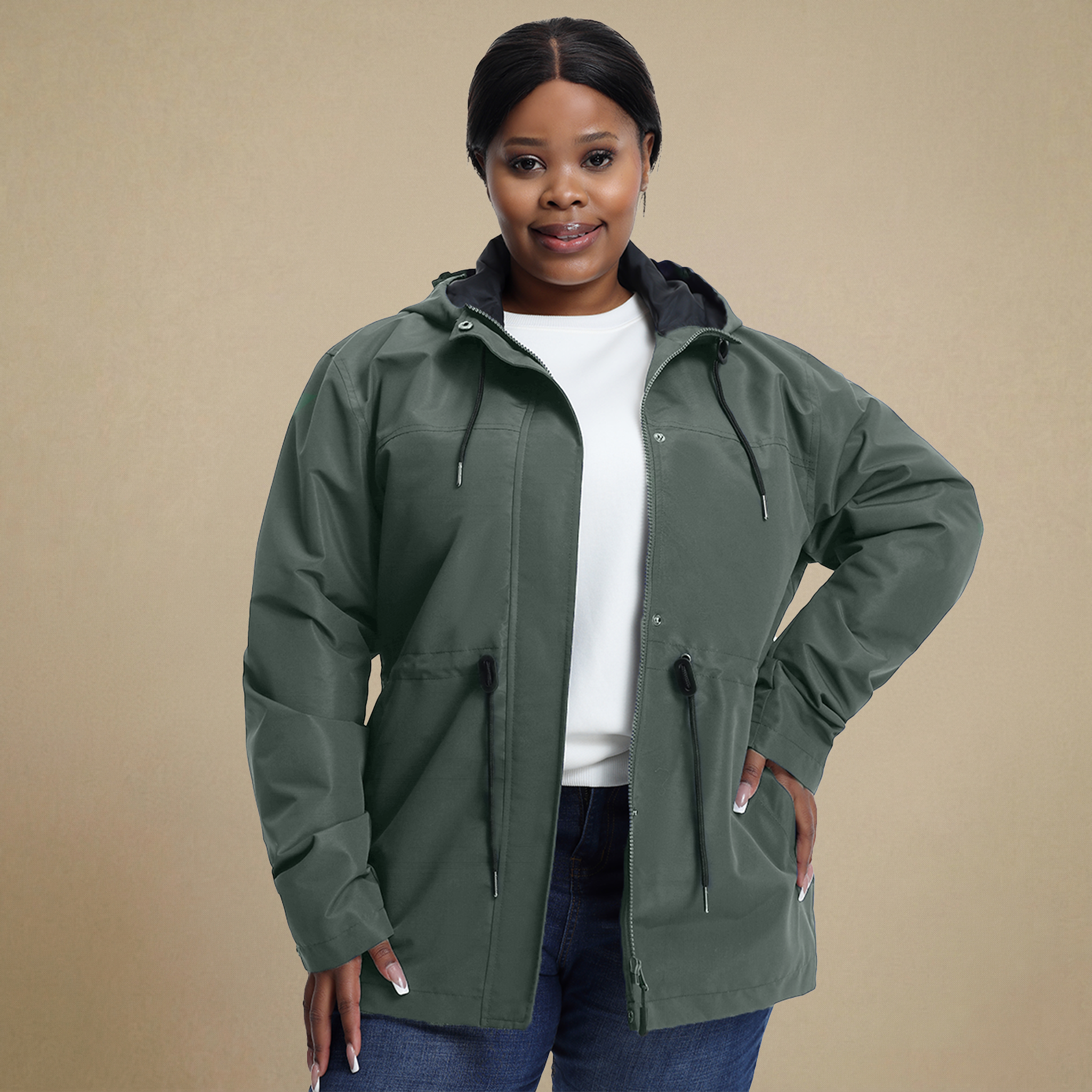 HHE plus size women's windproof jacket in olive green, warm and comfortable functional outerwear, front view.