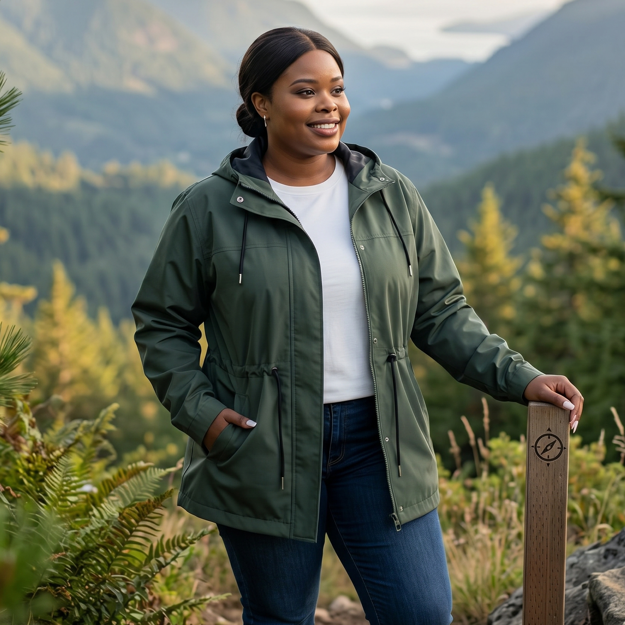 HHE plus size women's windproof jacket in olive green, practical and comfortable everyday wear, worn outdoors on an autumn nature trail.