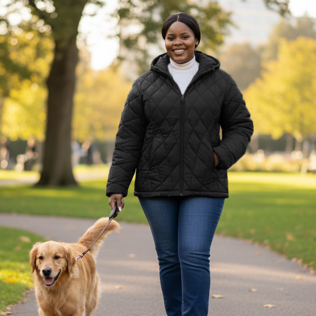 HHE plus size women's winter jacket in classic black, warm and comfortable functional everyday wear, worn outdoors walking a dog in the park.