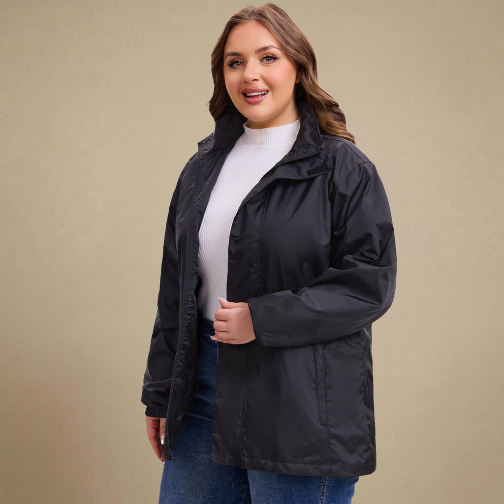 HHE plus size women's rain jacket in classic black, comfortable waterproof and windproof outerwear, front view.
