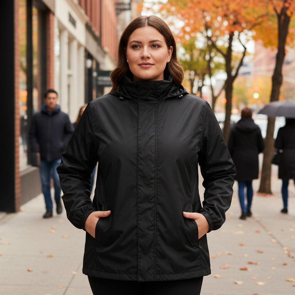 HHE plus size women's rain jacket in classic black, comfortable waterproof and windproof outerwear, worn outdoors in the city.