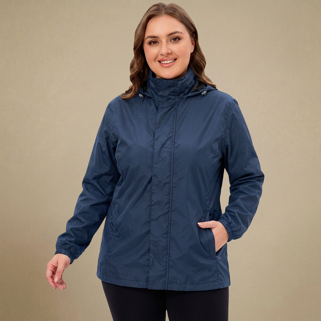 HHE plus size women's rain jacket in navy blue, comfortable waterproof and windproof outerwear, front view.