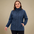 HHE plus size women's rain jacket in navy blue, comfortable waterproof and windproof outerwear, front view.
