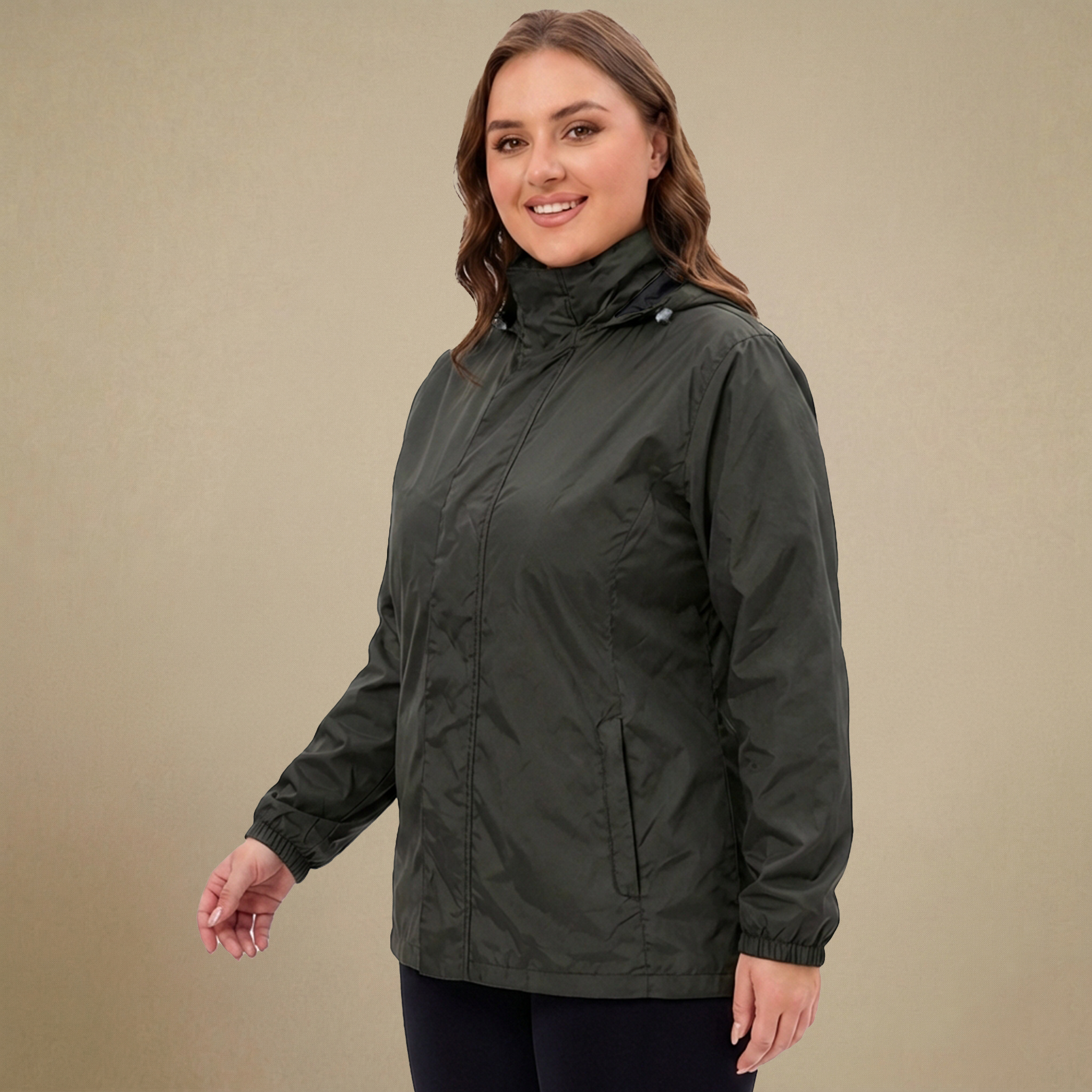 HHE plus size women's rain jacket in olive green, comfortable waterproof and windproof outerwear, front view.