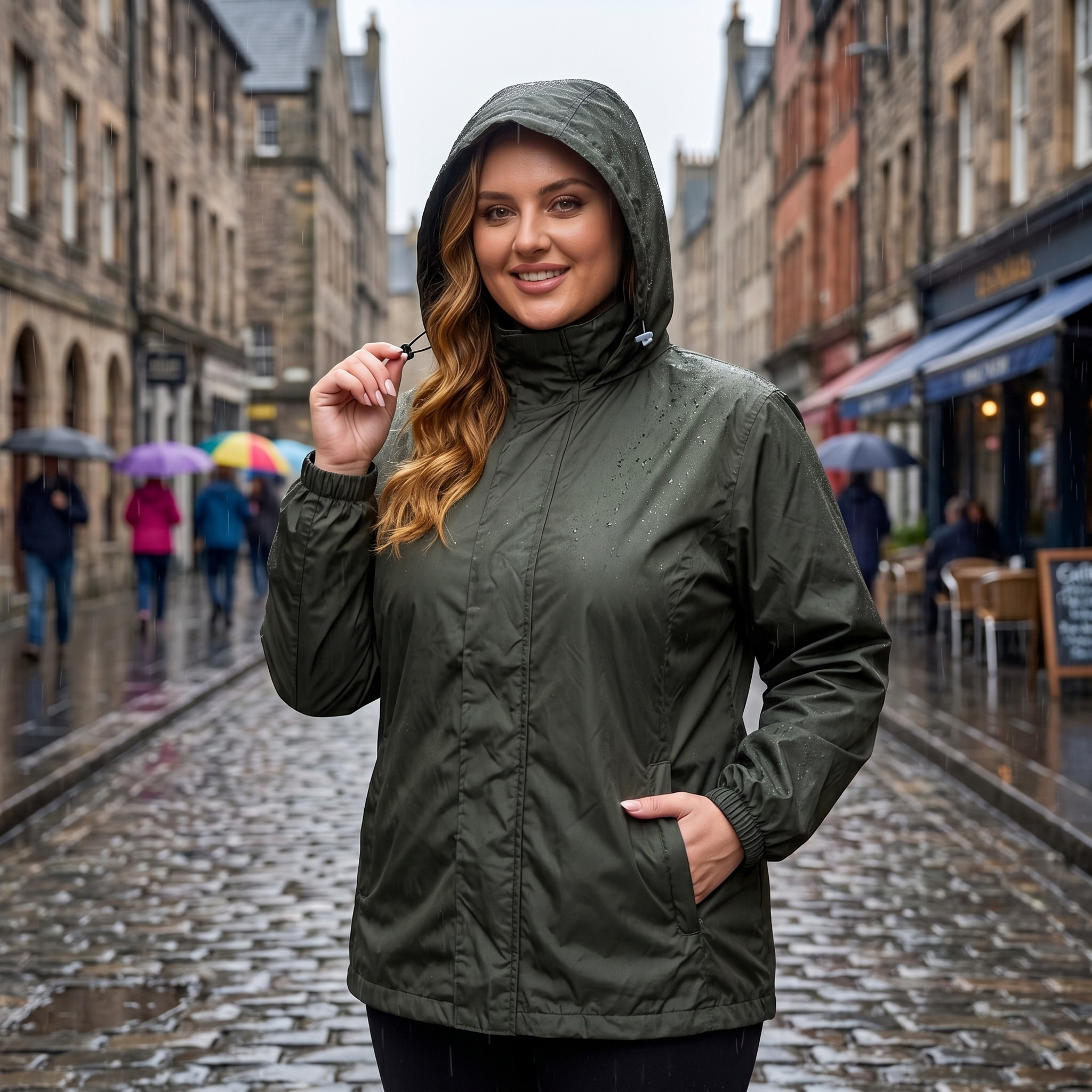 HHE plus size women's rain jacket in olive green, comfortable waterproof and windproof outerwear, worn outdoors in rainy weather.