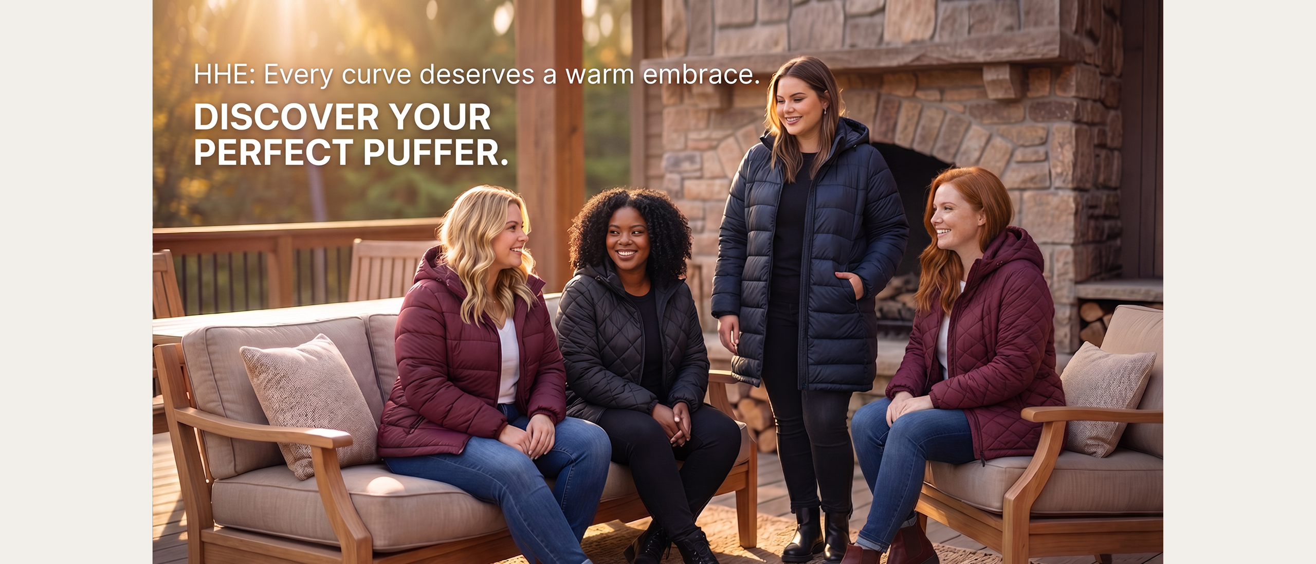 HHE plus size women's winter puffer coats in various colors, warm and comfortable outerwear worn indoors.